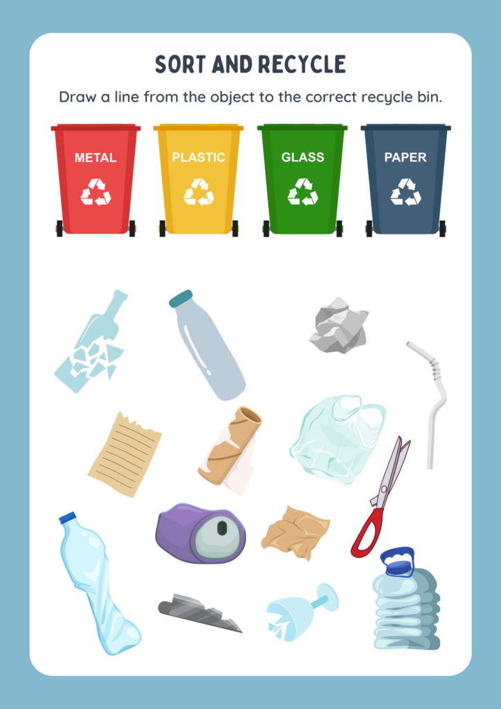 Blue and White Fun Earth Day Waste Sorting Worksheet
